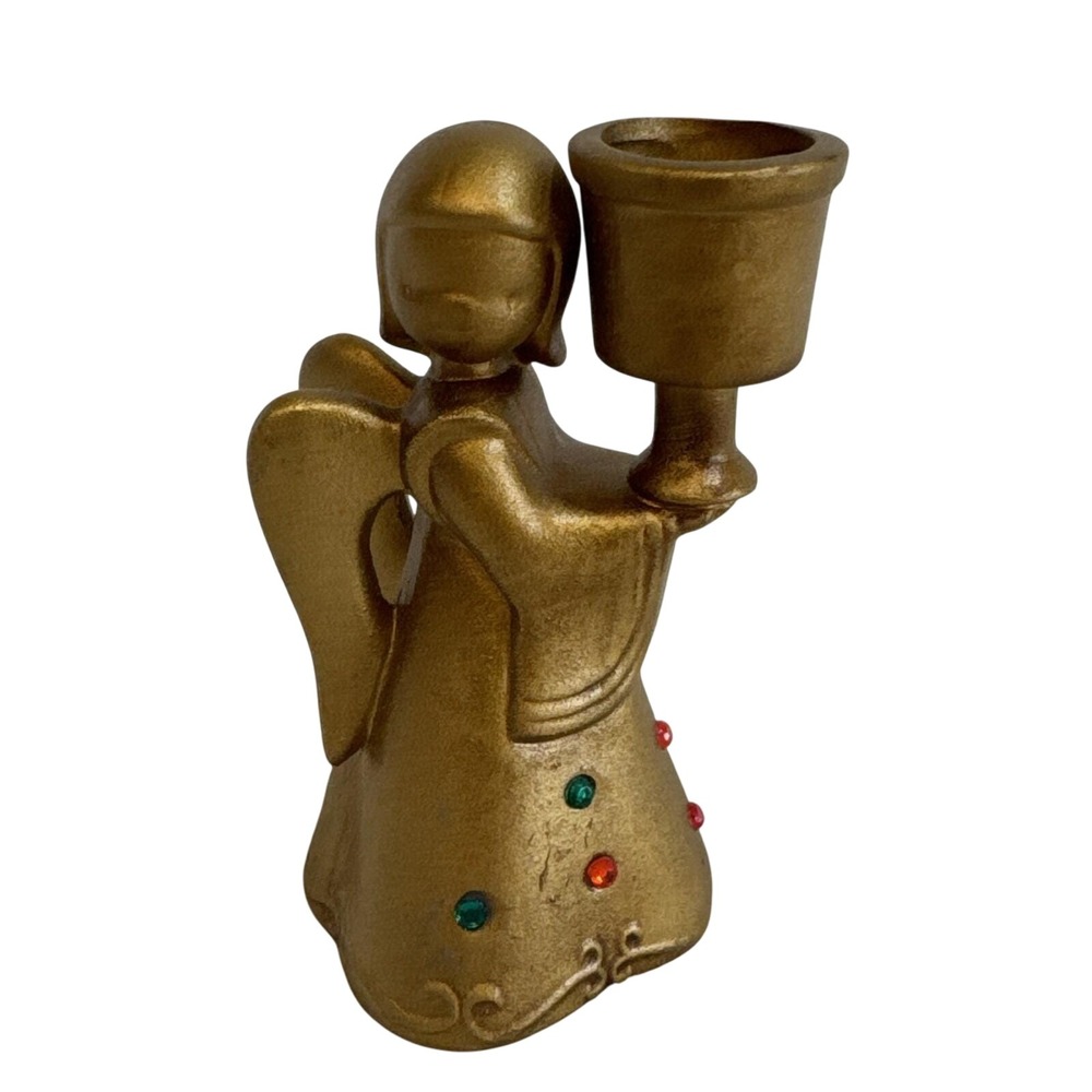 Vintage Lefton Angel Candle Holder‎ 5327 Gold With Colored Gems